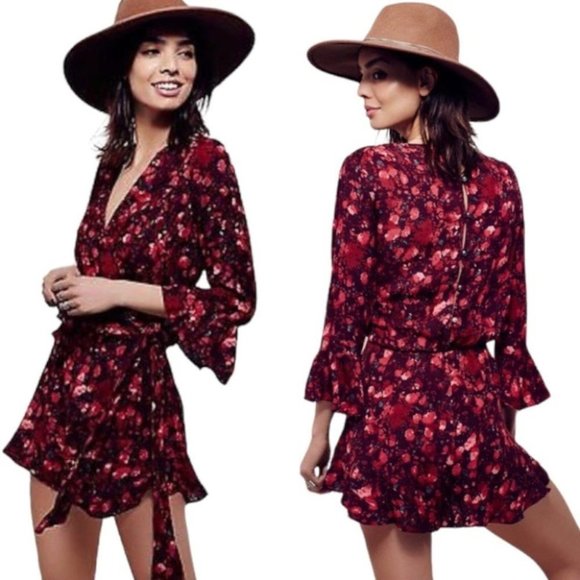 Free People Romper Size Small Red Pink Floral "All  The Right Ruffles" Faux-Wrap - Picture 1 of 12